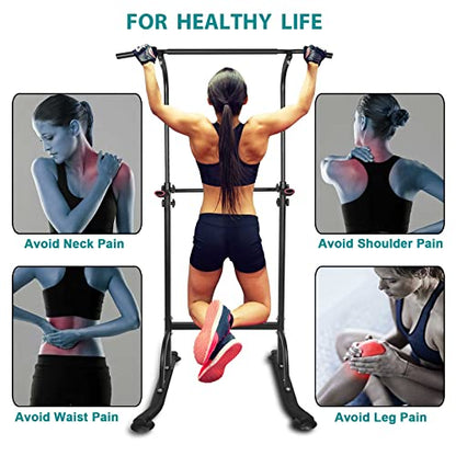 Power Tower Dip Station - Heavy-Duty Adjustable Height (66.5"-82.7") | 330LBS Capacity | Foldable Space-Saving Design | Ergonomic Foam Padding | Multi-Function Home Gym for Pull-Ups, Dips, Push-Ups & Full-Body Workouts