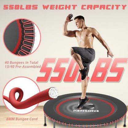 40/48" Low-Impact Rebounder Trampoline for Adults with Bungee, 450/550LBS Quiet Mini Exercise Trampoline with Adjustable U/T-Shaped Foam Handle Bar, Fitness Equipment for Indoor/Gym Workout - size: 48 inch, style: U-Bar