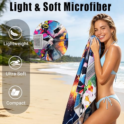Large Soccer Beach Towel - 71" x 35" Oversized Microfiber Sand Free Quick Dry Absorbent Compact Sports Beach Towel for Pool Travel Gym Bath Camping - Cool Soccer Fan Gift for Men Women Summer Vacation