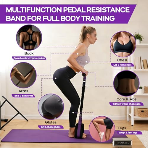 Multifunction Pedal Resistance Band with Handle, 30/40/50LB Adjustable Foot Pedal Puller Resistance Band with Poster & Storage, Extended Length Tension Rope for Men Women Full Body Workout Home Gym