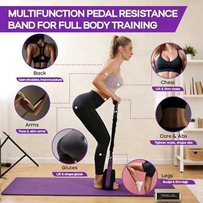 Multifunction Pedal Resistance Band with Handle, 30/40/50LB Adjustable Foot Pedal Puller Resistance Band with Poster & Storage, Extended Length Tension Rope for Men Women Full Body Workout Home Gym