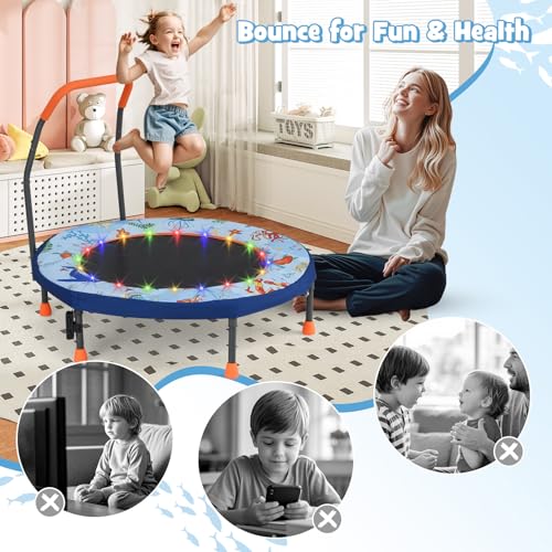 GYMAX 36” Toddler Trampoline with Lights, Folding Springless ASTM Approved Small Kids Rebounder with Foam Handle, Safety Padded Cover & Foldable Legs, Mini Indoor Baby Trampolines - color: Light Blue