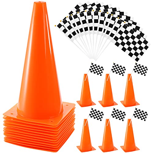 Bekith 12 Pack 12.5 Inch Plastic Traffic Cones with Racing Chequered Flags, Orange Agility Sports Cones, Thick Soccer Training Cones for Outdoor Activity, Festive Events, Fitness Training