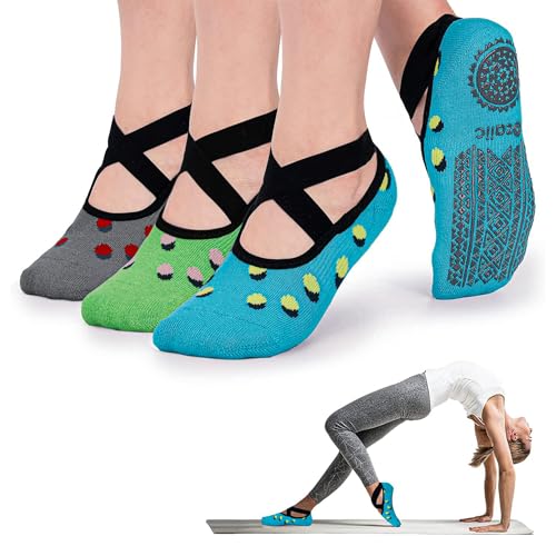 Ozaiic Pilates Socks for Women Non Slip Grip, Yoga Socks with Grippers for Barre, Hospital, Ballet, Dance, Barefoot Workout - color: 3 Pairs -Blue/Gray/Green