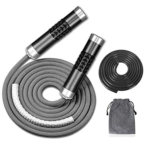 Redify Weighted Jump Rope for Workout Fitness(1LB), Tangle-Free Ball Bearing Rapid Speed Skipping Rope for MMA Boxing Weight-loss,Aluminum Handle Adjustable Length 9MM Fabric Cotton+9MM Solid PVC Rope - color: Grey