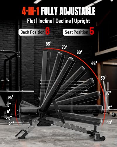 Mikolo Weight Bench - 1300 Weight Capacity and 40 Adjustable Positions for Full Body Workouts, Incline, Decline and Flat Setting for Garage and Home Gym