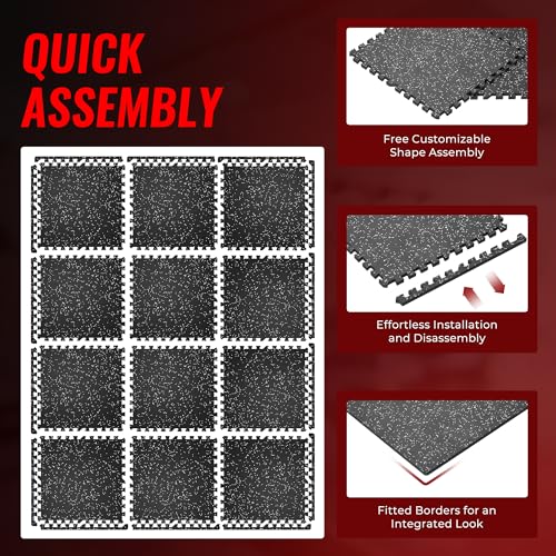 SUPERJARE 0.79'' Extra-Thick Exercise Equipment Mats, 12 Pcs 48 Sq Ft Rubber Top Floor Tiles with High Density EVA Foam, Interlocking Gym Flooring for Home Gym, Workout Mat, Black/Grey
