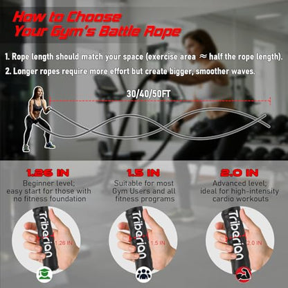 Battle Rope for Home Gym Workout - 1.5 Inch 30ft Heavy Weighted Training Exercise Ropes Fitness Equipment with Sleeve and Anchor Strap Kit for Outdoor Working Out