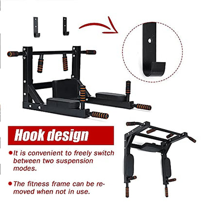 Wall Mounted Pull Up Bar - Heavy Duty Strength Training Fitness Equipment, Multifunctional Power Tower Dip Station Support to 550Lbs