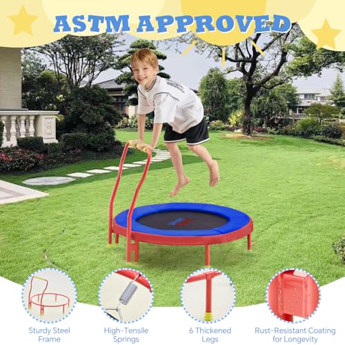 SPORTSOUL Mini Trampoline for Kids 3-6 with Super Safe Foam Handle Bar - color: Red & Blue