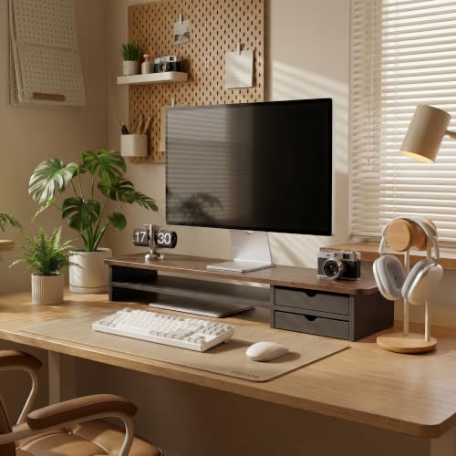 Fenge Monitor Stand, Desk Computer Riser with Frosted Storage Drawer, Brown - color: Brown