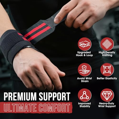 WSAKOUE Weightlifting Wrist Wraps - 18" Professional Wrist Support with Heavy-Duty Thumb Loop for Powerlifting, Bench Press & Strength Training- Adjustable Gym Wrist Straps for Men & Women - color: Red
