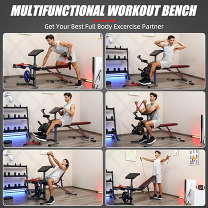 900LBS Adjustable Weight Bench with Preacher Curl Pad & Leg Extension, Flat Incline Decline Workout Bench for Home Gym, Heavy Duty Bench Press Set for Full Body Strength Training