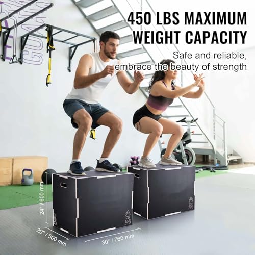Plyometric Jump Box 3 in 1-30/24/20 Inch Wooden Plyo Box for Fitness, Agility Training, Step Ups - Home Gym Equipment - Black