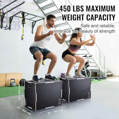 Plyometric Jump Box 3 in 1-30/24/20 Inch Wooden Plyo Box for Fitness, Agility Training, Step Ups - Home Gym Equipment - Black