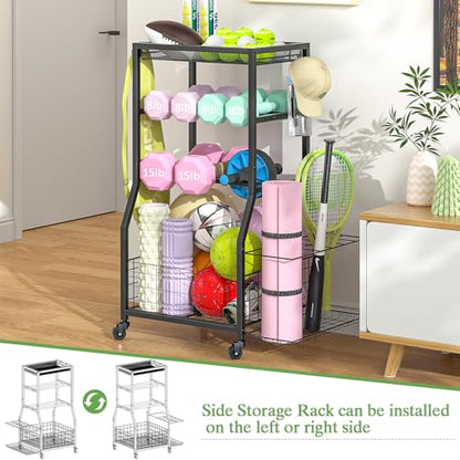 Home Gym Storage Rack, Dumbbell Rack with Yoga Mat Storage, Weight Rack Stand with Lockable Wheels and Hooks, Home Workout Equipment Organizer for Yoga, Dumbbell, Kettlebells, Ball Storage