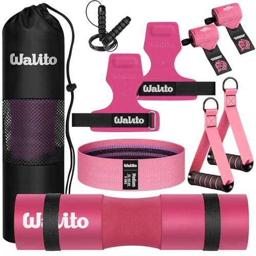 WALITO 8Pcs Barbell Pad Set for Hip Thrust - Squat Pad,Gym Accessories for Women with Bar Bad,Bench Press, with Gym Ankle Straps,Resistance Bands for Working Out,Lifting Strap,Carry Bag - color: Black Pink-10