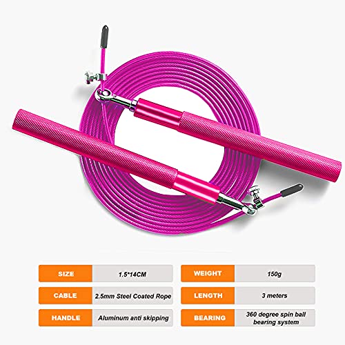 Speed Jump Rope - 360° Swivel Ball Bearing - Adjustable steel coated rope-Aluminum Anti Skipping Handle -Fitness Training Boxing Sports Exercises -Suitable for Kids and Adults - color: Pink
