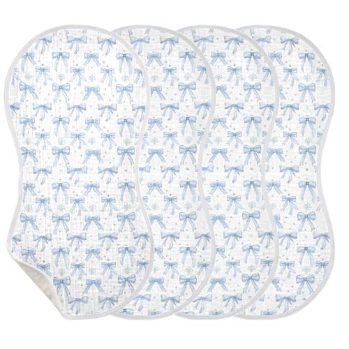 Light Blue Bows Muslin Burp Cloths 1 Pack - Extra Large 22"x11", 4-Layer Soft Absorbent Cotton, Waterproof Backing, Baby Drool Rags for Newborn