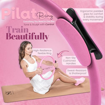 14-Piece Pink Pilates Kit for Women | Yoga Blocks | Magic Circle | Pilates Ball | Ankle Weights | 5 Resistance Bands | Pilates Sliders | At Home Pilates Kit | Beginner Pilates Equipment Set