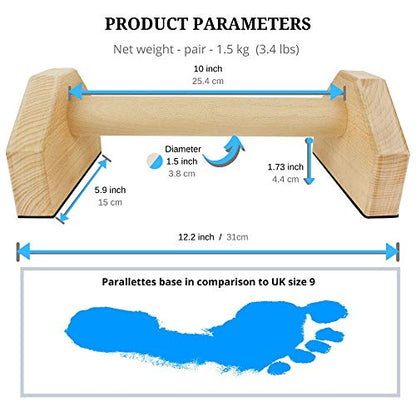 Calisthenics Wood Parallettes Bars | Push Up Bar That Will Not Slip or Wobble | Wrist Wraps Included