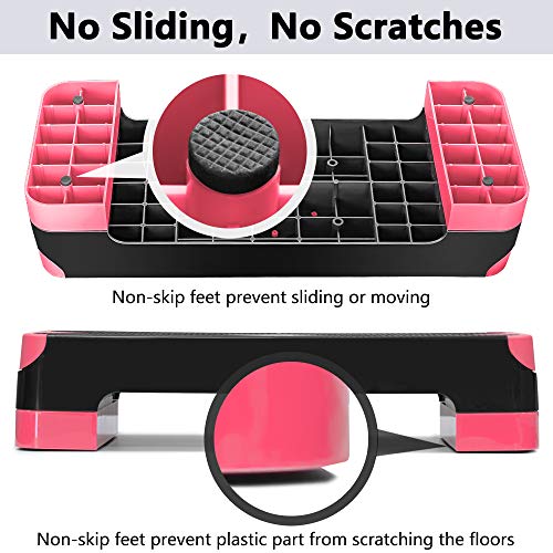 Adjustable Workout Aerobic Stepper, Aerobic Exercise Step Platform with 2 Risers, Exercise Step Deck for Fitness, 26.5" Trainer Stepper with Non-Slip Surface Home Gym & Extra Risers Options - color: Pink&Black