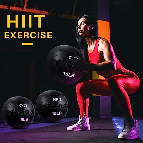 Lunmon Soft Wall Medicine Ball for Exercise Fitness Slam Weighted Med Ball with Non Slip Grip for Slamming Workout Strength Conditioning Core Training Lunge and Partner Toss - size: 5, 10 and 15 Lbs