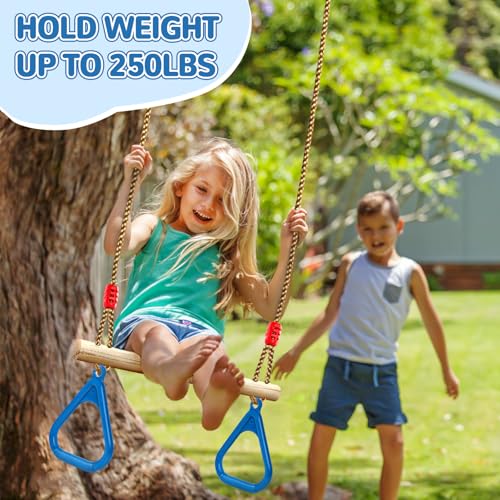 LadyRosian Wooden Trapeze Swing Bar, Adjustable Height Swing Set, Gym Rings, Playground Attachments, 16.5" Monkey Bar for Backyard, Playground, Playroom (Blue) - color: Blue
