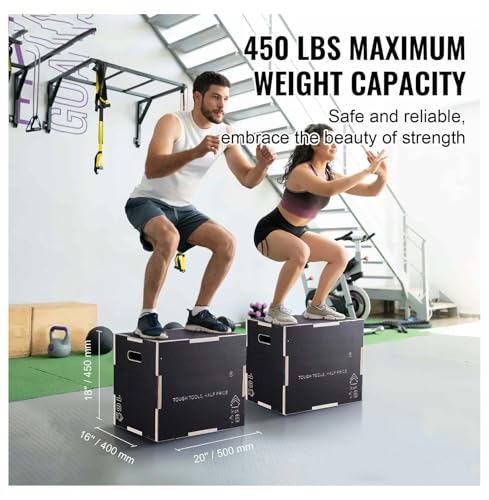 Plyometric Jump Box 3-in-1, 20/18/16 Inch Wooden Plyo Box for Fitness, Agility Training, Step Up Platform - Home Gym Equipment, Black