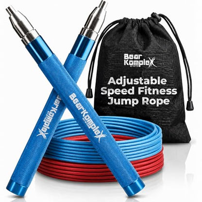 Bear KompleX Speed Jump Rope - Adjustable Tangle-Free Skipping Rope, Lightweight Handles, Smooth 360° Swivel Bearings, 2 Steel Cables, Free Carrying Case - color: Royal Blue