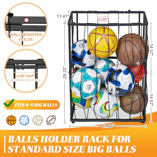Garage Ball Storage Wall-Mounted & Floor Sports Equipment Organizer: Sports Ball Rack with Elastic Rope, Holder for Basketball, Soccer, Volleyball, Football, Garage, Gym, Black(Patent Pending) - size: Small, style: With Adjuster Foot,Rectangle
