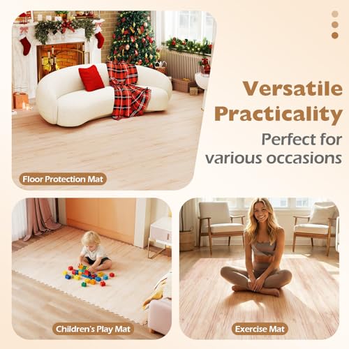 DORTALA 8 PCS Interlocking Floor Tiles, Wood Grain Puzzle Printed Foam Tiles, 20'' x 20'' EVA Exercise Gym Mats, Soft Protective Flooring Mats for Home Gym, Living Room, Bedroom & Office