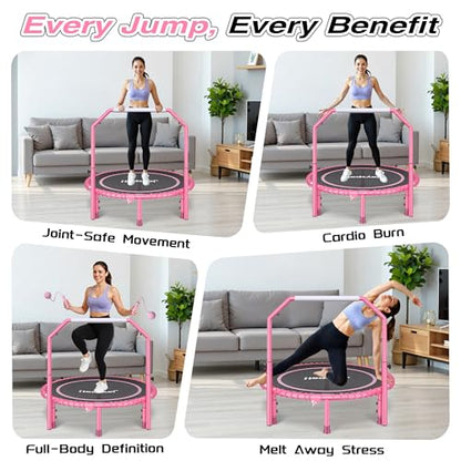 450 LBS Foldable Mini Trampoline for Adults with Adjustable Handle, 40" Indoor Rebounder with Quiet Bungee System, Compact Fitness Trampoline with Cordless Jump Ropes for Home Workout Exercise