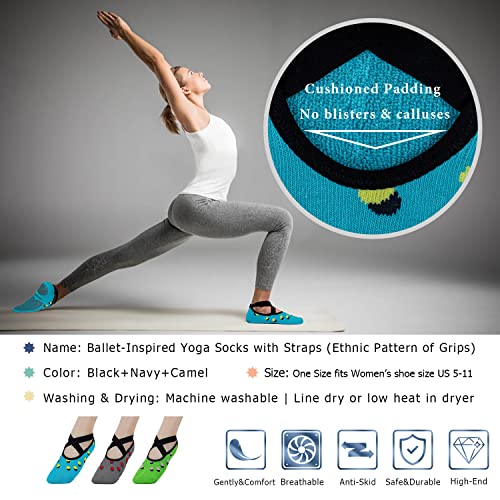 Ozaiic Pilates Socks for Women Non Slip Grip Yoga Barefoot Indoor Workout - color: 3 Pairs -Blue/Gray/Green