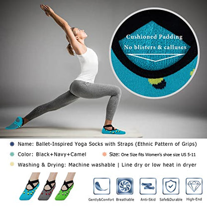 Ozaiic Pilates Socks for Women Non Slip Grip Yoga Barefoot Indoor Workout - color: 3 Pairs -Blue/Gray/Green