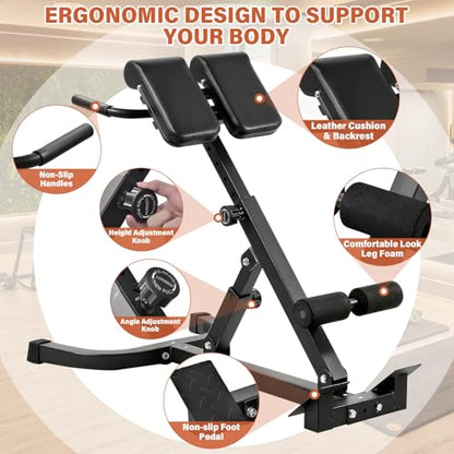 Roman Chair, Back Extension Bench Machine, Angle & Height Duals Adjustable Hyperextension Bench, 330 Lbs Weight Capacity, Back Exercise Equipment, Foldable For Home Gym, Men Women, Full Body