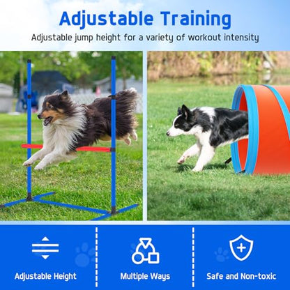 Dog Agility Equipment, Dog Agility Course Backyard Set Obstacle Course Backyard Includes Adjustable High Hurdle,6 Weave Poles,Extended Tunnel,Jump Ring,Square Pause Box,2 Balls,Whistle,2 Carrying Bags - size: 10 PCS Upgrade with tunnel