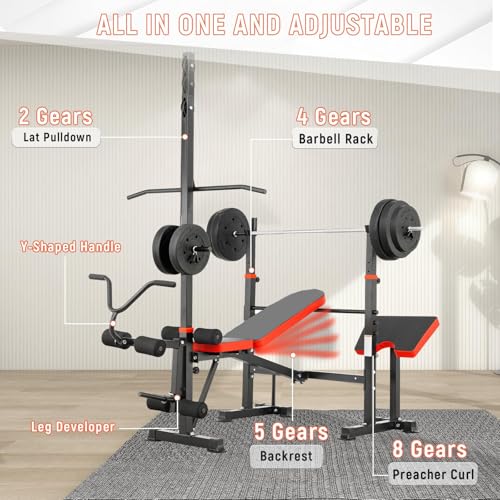 1500LB 8 IN 1 Olympic Weight Bench with Lat Pulldown and Leg Extension/Curl, Foldable Bench Press with Preacher Curl & Squat Rack, Workout Benches with Safety Bar Catches for Home Gym(US Stock)