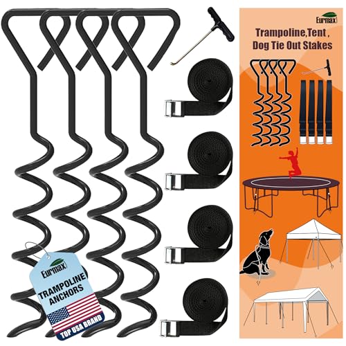 EURMAX USA 4-Pack Windproof Trampoline Stakes Anchor Kit-Steel Corkscrew Anchor,Heavy Duty Tie Down Kit with T-Hook&Reinforced Safety Straps,Secure Weatherproof Protection for Trampoline,Tent&Playset - color: Black, size: 15inch, style: Triangle Head