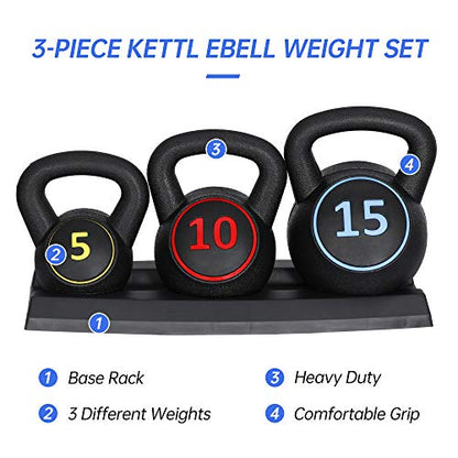 3-Piece Kettlebell Set, Exercise Fitness Weight Set with Base Rack for Home Gym, Home Workouts, Strength Training, Include 5 lbs, 10 lbs, 15 lbs