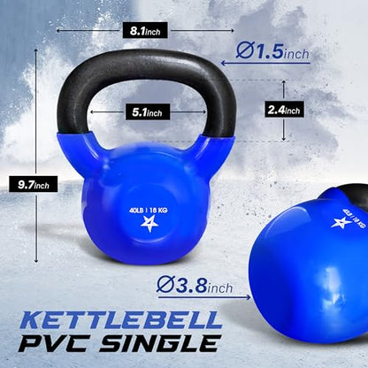 Yes4All Kettlebell, 5-100 LB Vinyl Coated Cast Iron Strength Training Kettlebells for Home Gym Exercises, Fitness, Full Body Workout Equipment, Push Ups, and Grip Strength - color: H. 40LB - Dark Blue, style: Vinyl Coated - Pair