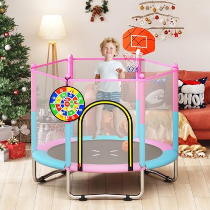 GYMAX Trampoline for Kids, 60” Toddler Rebounder with Basketball Hoop & Dart Board, All-Round Enclosure Net,Mini Indoor Kids Trampoline for Boys & Girls