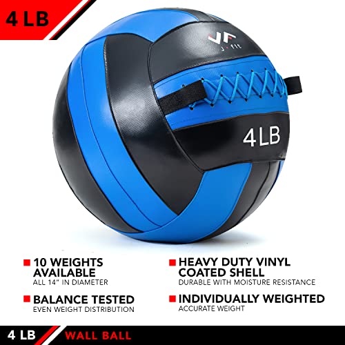 JFit Wall Ball – Premium Soft Weighted Exercise Ball for Strength, Conditioning, Gym & Home Workouts, 4-30 LB - color: Blue/Black, style: 4-Pound