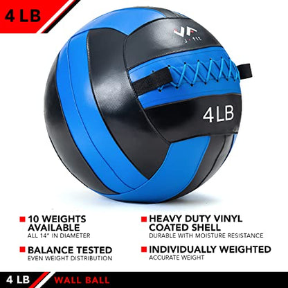 JFit Wall Ball – Premium Soft Weighted Exercise Ball for Strength, Conditioning, Gym & Home Workouts, 4-30 LB - color: Blue/Black, style: 4-Pound