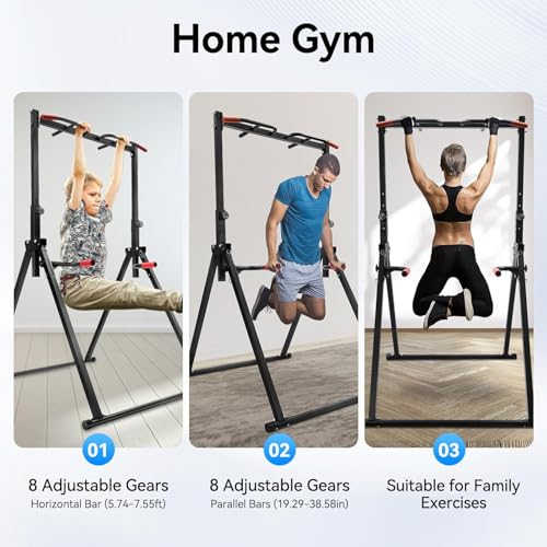 Pull Up Bar Equipment Dip Station, Foldable Power Tower Multifunction Workout Station Gym Strength Training Equipment for Home Gym