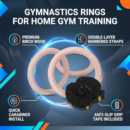 Wooden Gym Rings Birch Wood Rings Gymnastics with 1.5 Inch Numbered Straps Rotating Carabiner for Home Gym Strength Training