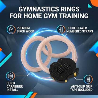 Wooden Gym Rings Birch Wood Rings Gymnastics with 1.5 Inch Numbered Straps Rotating Carabiner for Home Gym Strength Training