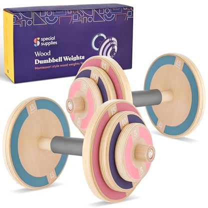 Special Supplies Kids Wooden Workout Play Weights Set - Adjustable Dumbbells and Barbell Set for Home Gym Equipment, Exercise Workout Set for Fitness Activities (Dumbbells)