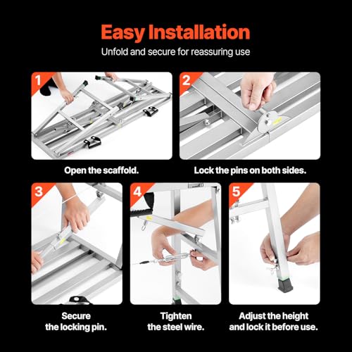 VEVOR Work Platform, 55"x 15" Portable Scaffolding Platform, Folding Steel Step Ladder Adjustable Height 27.5”-45.3”, 800 lbs Load Capacity, Non-Slip Drywall Painting Stool for Cleaning &Washing - size: 55"x 15"