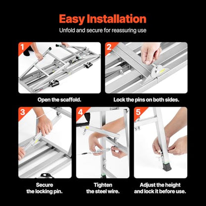 VEVOR Work Platform, 55"x 15" Portable Scaffolding Platform, Folding Steel Step Ladder Adjustable Height 27.5”-45.3”, 800 lbs Load Capacity, Non-Slip Drywall Painting Stool for Cleaning &Washing - size: 55"x 15"